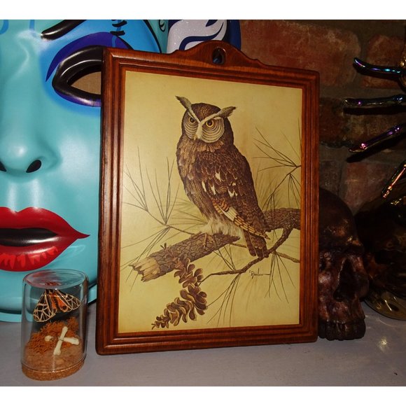 Vintage E Rambow Great Horned Owl Art on Wood Wall Hanging bird of prey plaque - Picture 5 of 10
